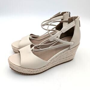 Eileen Fisher Wesson Tumbled Nubuck Wedge Espadrille Sandals Womens Ivory Sz US7